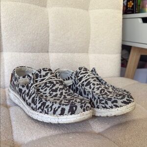 Hey Dude Black and White Moccasin Shoes with Animal Print